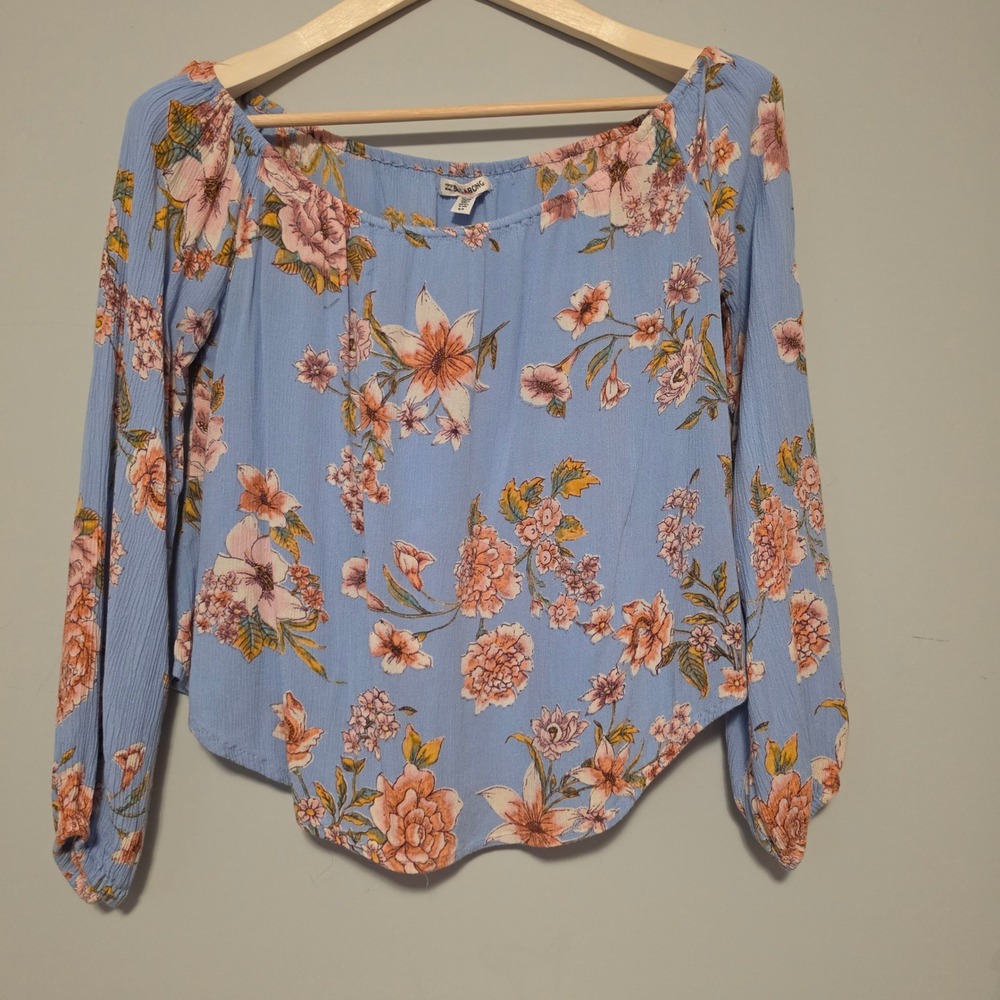 Billabong Floral Print Off Shoulder Long Sleeve Boho Blouse Blue Size Small
